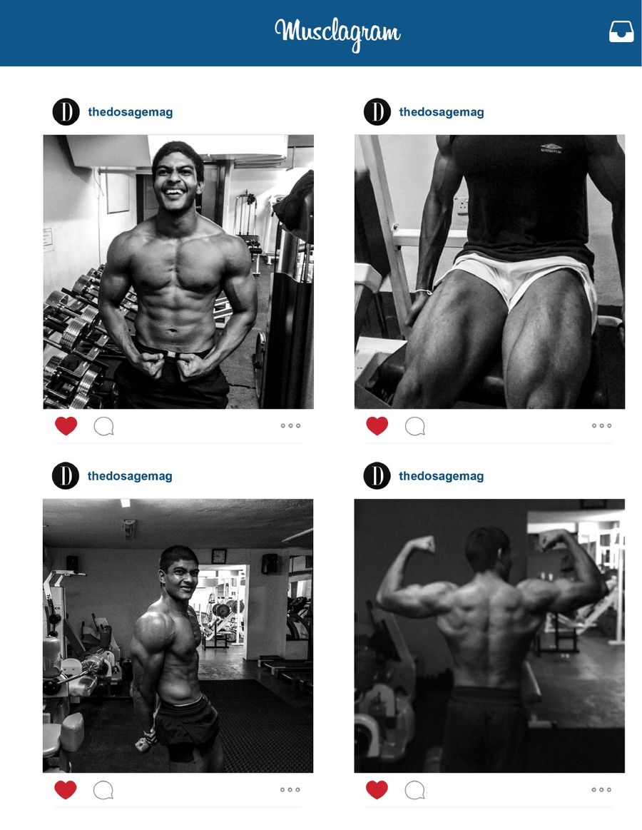 Black-and-white bodybuilding photos laid out as an Instagram grid