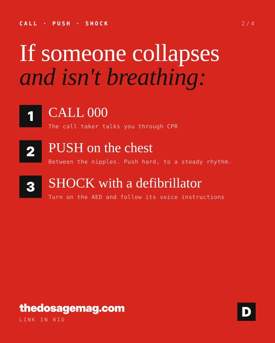 If someone collapses and isn’t breathing: 1, call 000, the call taker talks you through CPR. 2, push on the chest, between the nipples, hard and to a steady rhythm. 3, shock with a defibrillator, turn on the AED and follow its voice instructions.