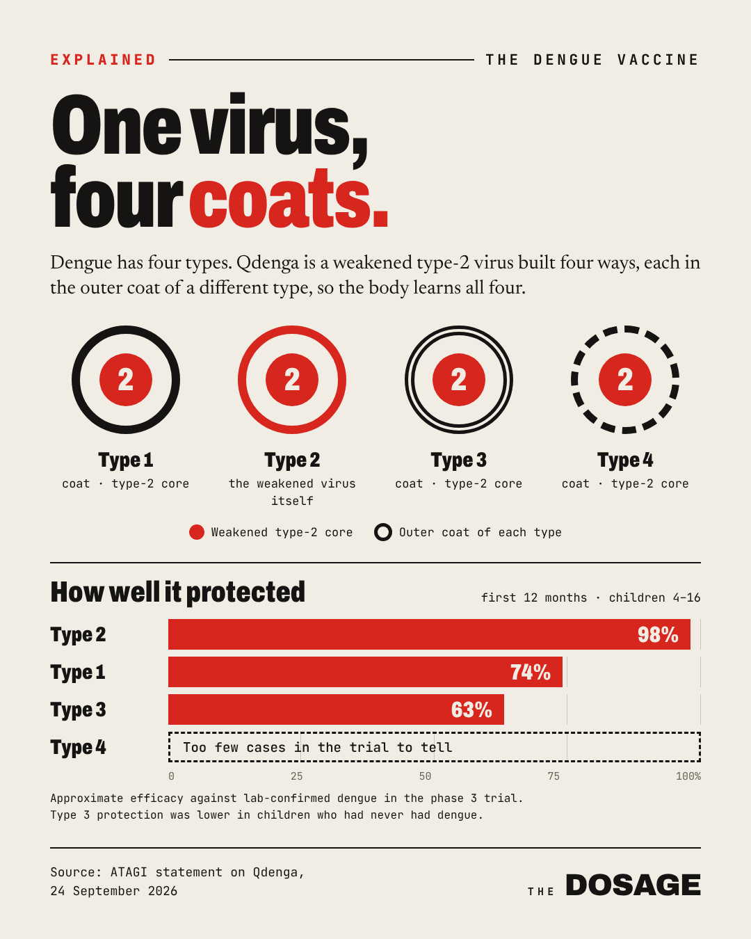 One virus, four coats: Qdenga is a weakened type-2 virus built four ways, each in the outer coat of a different dengue type. Protection in the trial: type 2 about 98%, type 1 about 74%, type 3 about 63%, type 4 too few cases to tell.