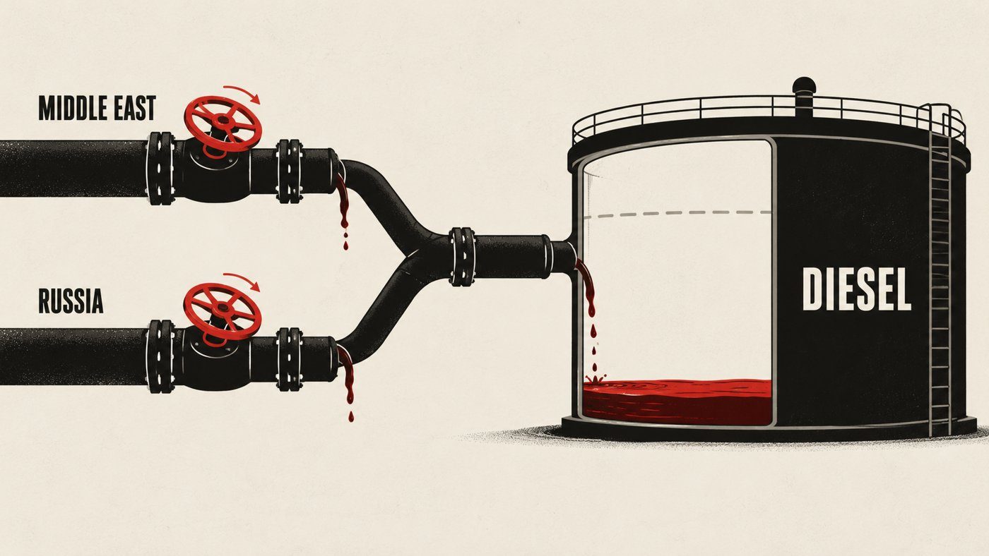 Two pipes labelled Middle East and Russia, each with a red valve turned almost shut, trickle into a diesel tank that is nearly empty