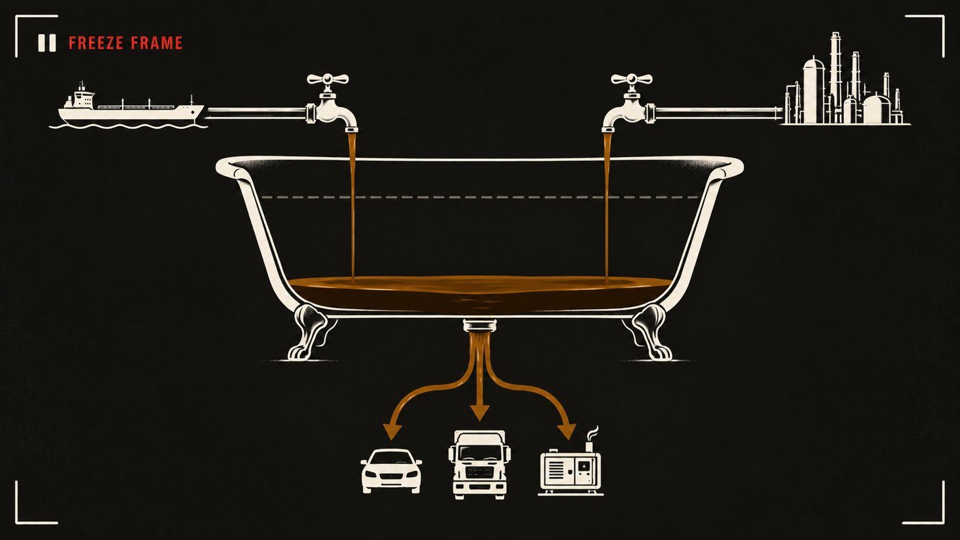 A bathtub with fuel pouring in from a tanker and a refinery, draining fast to a car, truck and generator; the level sits far below a dashed full line