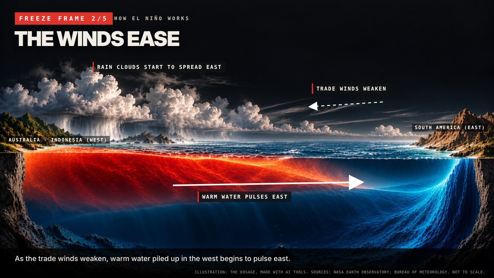 Frame 2, the winds ease: weaker trade winds let warm water start moving east.
