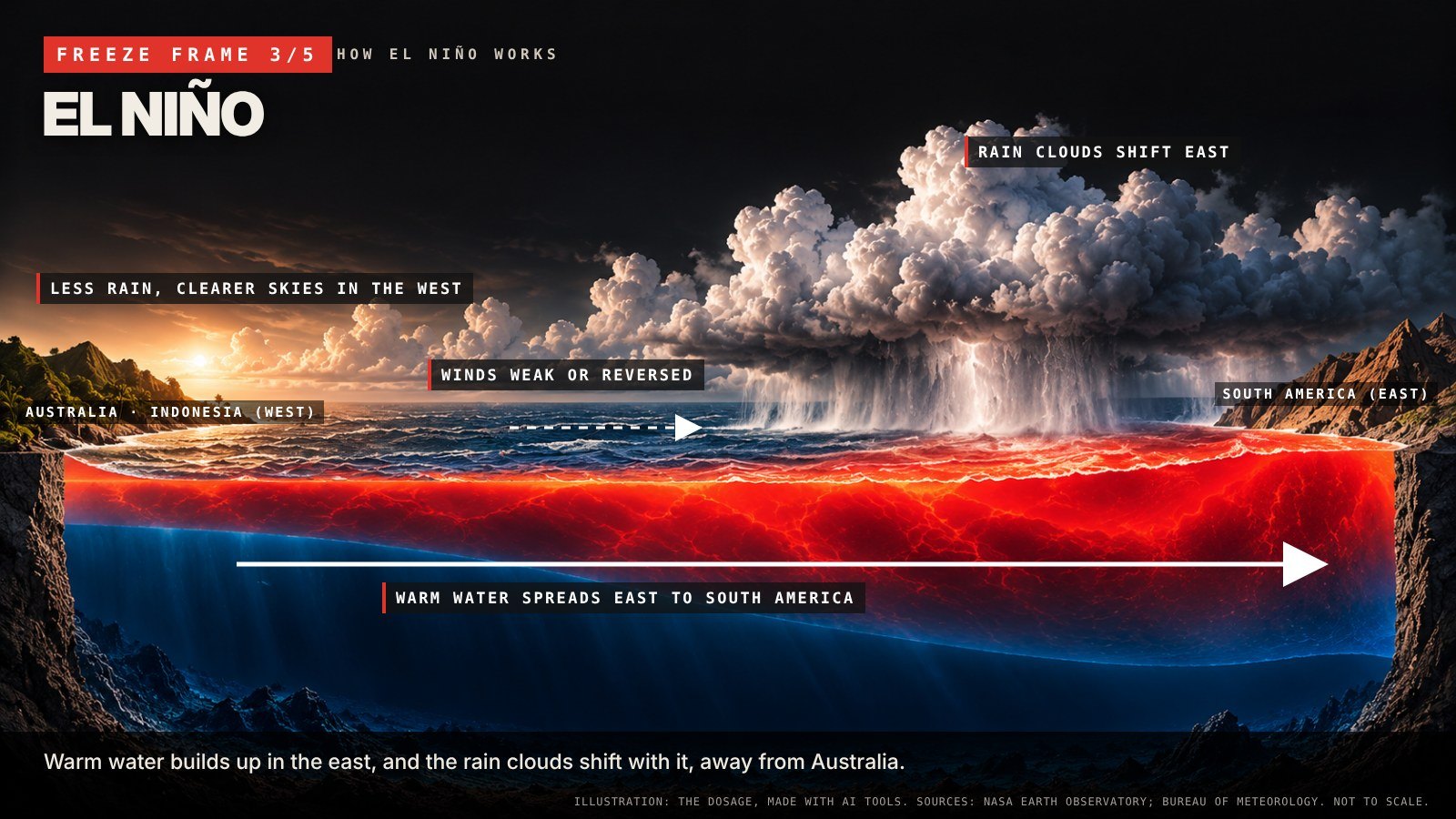 Frame 3, El Niño: warm water and rain clouds shift east, away from Australia.