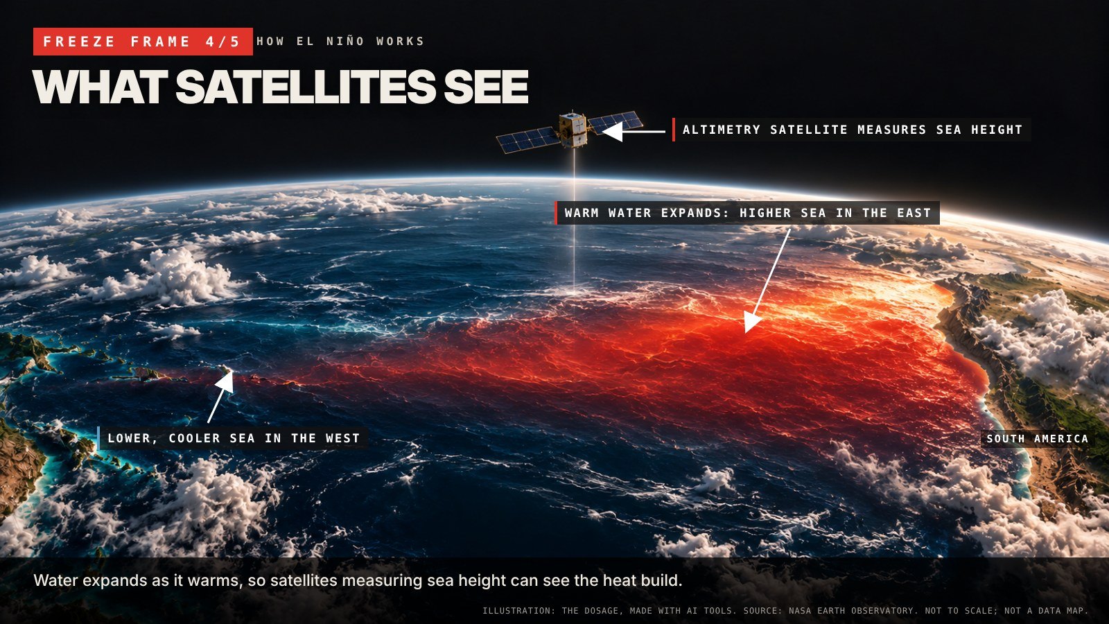 Frame 4, what satellites see: warmer water stands higher, so sea level rises in the east.