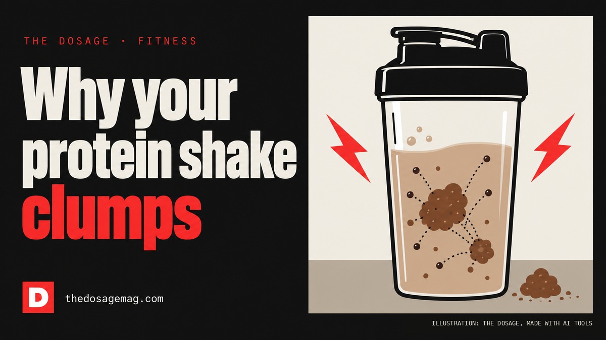 Why your protein shake clumps: an illustrated protein shaker with clumps of powder and small lightning bolts showing static charge.
