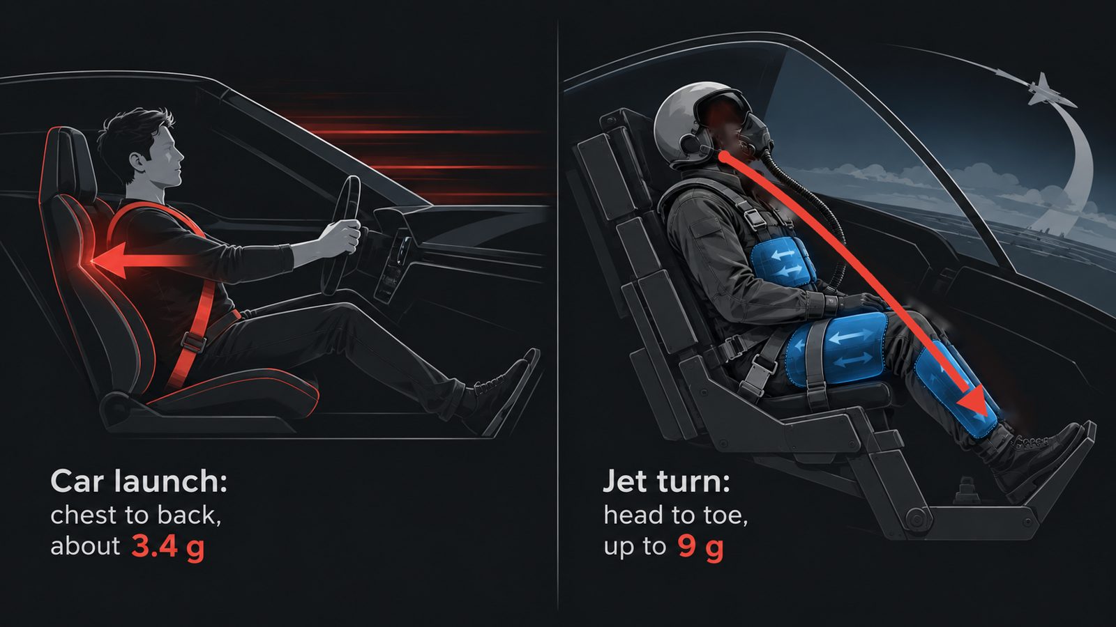 Two panels. Left: a driver pressed back into a car seat, arrow from chest to back, labelled car launch, about 3.4 g. Right: a fighter pilot in a g-suit, arrow from head to toe, labelled jet turn, up to 9 g