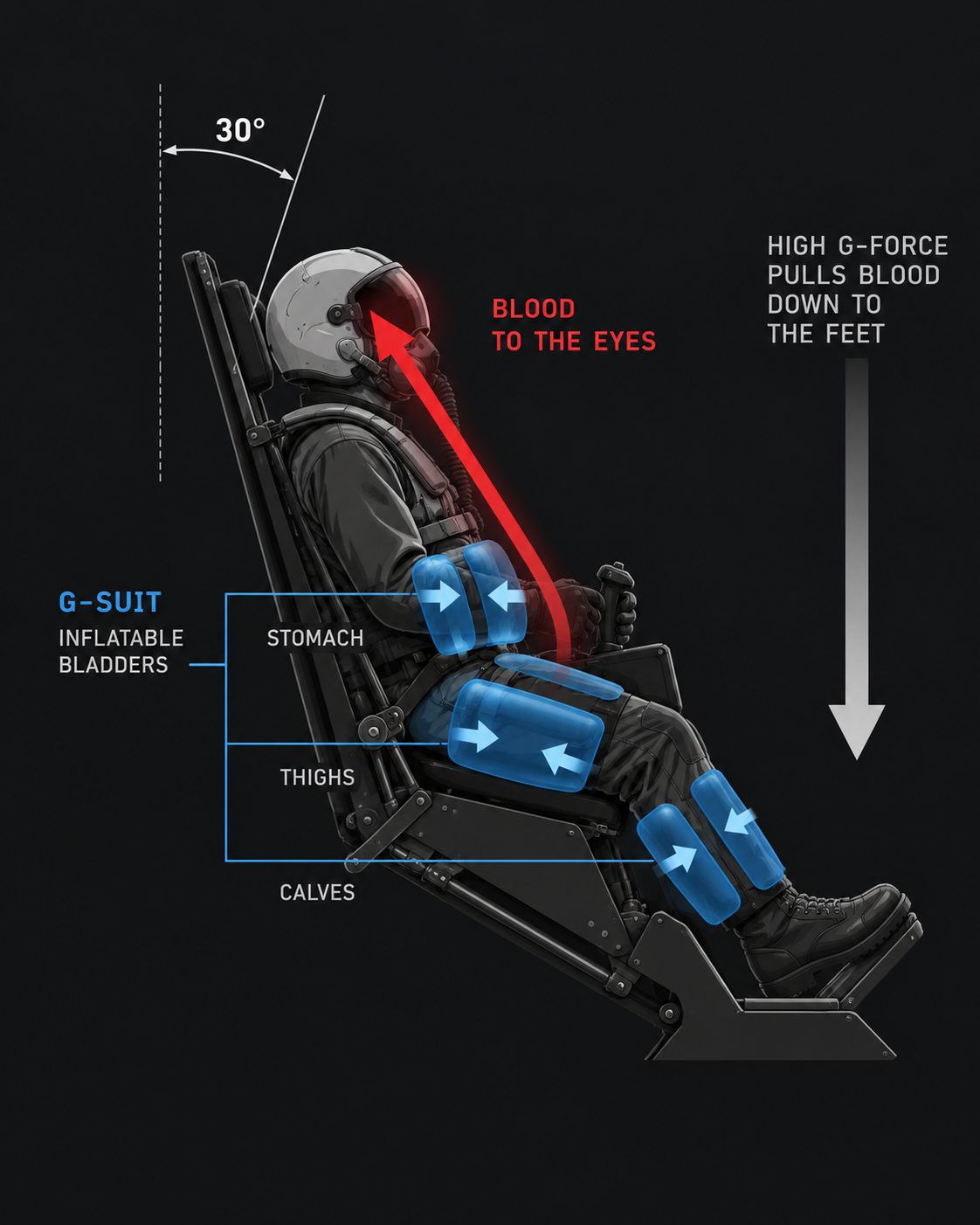 A fighter pilot in a jet seat tilted 30 degrees from upright. Blue g-suit bladders squeeze inward on the stomach, thighs and calves, a red arrow shows blood pushed up to the eyes, and a grey arrow shows g-force pulling blood down to the feet