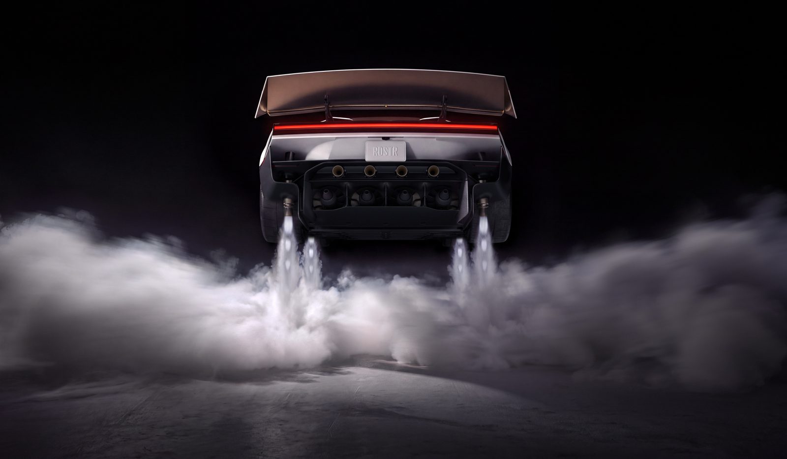 The Tesla Roadster lifting off the ground on jets of compressed air, seen from behind