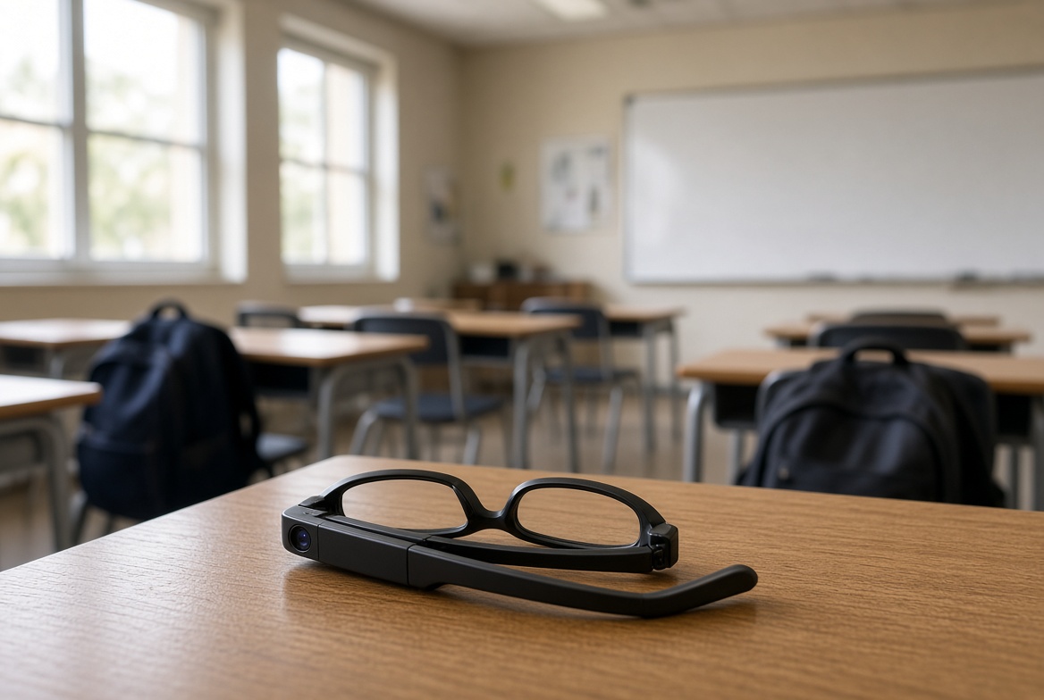 A pair of smart glasses with a small camera lens on a desk in an empty classroom.